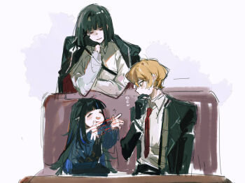 Rule 34 | 1boy, 2girls, araya (project moon), black gloves, black jacket, black kimono, black sleeves, black suit, blonde hair, blue hair, blue sash, blunt bangs, blunt ends, blush, cat's cradle, collared shirt, commentary request, couch, covering own mouth, dress shirt, facing another, flying sweatdrops, formal clothes, gloves, hand on own face, hand over own mouth, hand up, happy, jacket, jacket on shoulders, japanese clothes, jingshenhuanghu, kimono, limbus company, long hair, long sleeves, looking at another, multicolored hair, multiple girls, necktie, open hands, parted lips, project moon, red eyes, red jacket, red necktie, ryoshu (project moon), sash, shirt, short hair, sinclair (project moon), sitting, smile, streaked hair, suit, suit jacket, sweatdrop, table, two-sided fabric, two-sided jacket, undershirt, very long hair, white background, white shirt, white sleeves, wing collar, yellow eyes