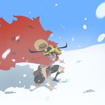 1boy absurdres black_hair blue_sky boots cape clenched_teeth fur_cape hashtag-only_commentary hat highres horned_hat klosekkj male_focus monkey_d._luffy one_piece red_cape short_hair shorts sky snow snowing solo straw_hat teeth