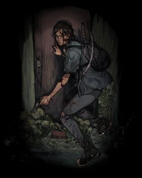 1girl absurdres blood blood_on_arm blood_on_face bow_(weapon) brick door ellie_(the_last_of_us) grey_shirt griffmon gun handgun highres holding holding_gun holding_weapon looking_at_viewer outdoors parted_lips shirt shoes short_hair sneakers solo the_last_of_us_(series) weapon