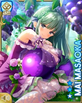 1girl bow card_(medium) character_name closed_mouth day dress flower food fruit girlfriend_(kari) grapes grass grey_eyes leaf long_hair looking_at_viewer masaoka_mai official_art outdoors purple_bow purple_dress purple_flower purple_rose qp:flapper rose see-through_clothes see-through_sleeves sitting smile solo_focus