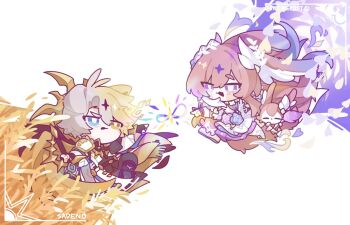 1boy 1girl ahoge amphoreus_(honkai:_star_rail) artist_name black_pants blonde_hair blue_eyes coat cyrene_(honkai:_star_rail) cyrene_(ripples_of_past_reverie)_(honkai:_star_rail) dress falling_petals fine_art_parody halo hetero holding holding_sword holding_weapon honkai:_star_rail honkai_(series) mem_(honkai:_star_rail) mobius_strip multicolored_hair pants parody petals phainon_(honkai:_star_rail) phainon_(khaslana)_(honkai:_star_rail) purple_eyes saden_meow simple_background sword the_creation_of_adam two-tone_hair weapon wheat white_background white_coat white_dress white_hair yellow_eyes