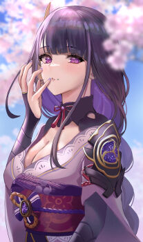 1girl armor blurry blurry_background blurry_foreground braid breasts cherry_blossoms cleavage commentary_request electricity flower genshin_impact hair_ornament highres japanese_clothes kimono large_breasts long_hair low-braided_long_hair low-tied_long_hair michan127neko obiage pink_flower purple_eyes purple_hair purple_kimono purple_nails raiden_shogun shoulder_armor solo tomoe_(symbol) very_long_hair