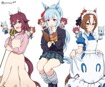 3girls :d absurdres animal_ears black_cardigan black_shoes black_skirt blue_dress blue_eyes blue_hair blue_skirt blush braid brown_dress brown_hair cardigan cardigan_around_waist chokin_tsucho clothes_around_waist collared_dress collared_shirt commentary_request crown_braid dress grey_socks hair_flaps highres holding holding_instrument holding_microphone horse_ears horse_girl horse_tail instrument juliet_sleeves loafers long_hair long_sleeves loose_socks maracas mejiro_ardan_(umamusume) microphone microphone_stand mini_person minigirl multicolored_hair multiple_girls open_mouth pink_cardigan pink_shirt pleated_skirt puffy_short_sleeves puffy_sleeves purple_eyes red_cardigan red_shirt sakura_chiyono_o_(umamusume) shirt shoes short_hair short_sleeves simple_background skirt sleeveless sleeveless_dress smile socks tail twitter_username two-tone_hair umamusume umamusume:_cinderella_gray v-shaped_eyebrows very_long_hair white_background white_hair white_shirt yaeno_muteki_(umamusume)