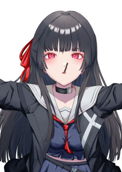 1girl absurdres black_choker black_hair black_jacket black_shirt breasts chisa_(wuthering_waves) choker collarbone commentary english_commentary food food_in_mouth hair_ribbon highres jacket long_hair looking_at_viewer medium_breasts mole mole_under_eye okazuix pocky pocky_in_mouth red_eyes red_ribbon ribbon sailor_collar shirt simple_background solo white_background white_sailor_collar wuthering_waves