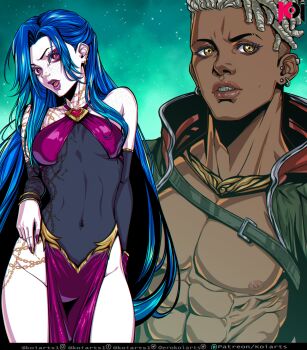 1boy 1girl abs absurdres alternate_costume alternate_hairstyle arcane:_league_of_legends arm_at_side asymmetrical_bangs bare_shoulders blue_hair body_freckles braces breasts collarbone copyright_request cowboy_shot dark-skinned_male dark_skin dreadlocks dress earrings ekko_(league_of_legends) firelight_ekko freckles green_jacket groin heart highres jacket jewelry koiarts league_of_legends medium_breasts nail_polish nipples open_clothes open_jacket open_mouth pale_skin pelvic_curtain pink_lips red_nails see-through_clothes see-through_dress tongue