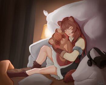 1girl animal_ear_fluff animal_ears artist_name black_dress brown_gloves brown_hair brown_socks character_doll closed_mouth collared_dress commentary doll dress elbow_gloves english_commentary eyebrows_hidden_by_hair eyelashes gloves hair_between_eyes head-mounted_display high_collar highres indoors jashooter knee_up kneehighs lamp lips long_hair long_sleeves metal_arm_cuffs on_bed pillow raccoon_ears raccoon_girl raccoon_tail raph-chan raphtalia red_dress short_dress signature sitting sleeping sleeveless sleeveless_dress smile socks socks_rolled_down solo straight_hair stuffed_animal stuffed_toy tail tanuki tate_no_yuusha_no_nariagari two-tone_dress watermark white_dress