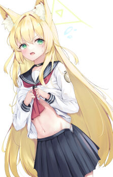 1girl aki_tsune animal_ear_fluff animal_ears black_choker blonde_hair blue_archive blue_sailor_collar blue_skirt blush choker clothes_lift fang fox_ears fox_girl green_eyes green_halo hair_between_eyes halo highres kurumi_(blue_archive) long_hair looking_at_viewer navel neckerchief open_mouth pleated_skirt red_neckerchief sailor_collar shirt shirt_lift sidelocks skirt solo stomach white_shirt