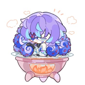 1boy artist_name black_shirt blue_hair coat colored_tips commentary cooking_pot cracked_skin extra_ears fire frown galaxy green_eyes grill highres hollow_body hoshirube_sho hoshirube_sho_(1st_costume) in_pot long_hair looking_at_viewer male_focus multicolored_hair nijisanji notice_lines pants purple_hair shirt shuxingbuming_moxiaobai simple_background solo tentacle_hair very_long_hair virtual_youtuber visible_air white_background white_coat white_pants