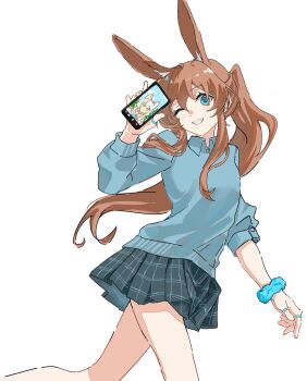 2girls alternate_costume amiya_(arknights) animal_ears aqua_eyes aqua_sweater arknights black_skirt brown_hair cellphone_photo collared_sweater extra_ears feet_out_of_frame hair_between_eyes hand_up highres holding holding_phone jewelry long_sidelocks long_sleeves looking_at_viewer multiple_girls multiple_rings one_eye_closed phone pleated_skirt rabbit_ears rabbit_girl rep120105 ring rosmontis_(arknights) sidelocks simple_background skirt smile sweater teeth white_background