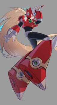 1boy android armor blonde_hair blue_eyes chest_jewel commentary_request energy_sword forehead_jewel full_body grey_background helmet highres holding holding_sword holding_weapon long_hair magatatara male_focus mega_man_(series) mega_man_x_(series) red_armor red_helmet simple_background solo sword weapon z_saber zero_(mega_man)