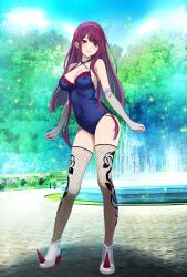 Rule 34 | 1girl, bare shoulders, bench, blue sky, boots, breasts, cleavage, criss-cross halter, day, earrings, fire emblem, fire emblem engage, fishnet thighhighs, fishnets, fountain, full body, gloves, halterneck, highres, ivy (fire emblem), jewelry, large breasts, long hair, looking at viewer, mole, mole under mouth, nintendo, outdoors, purple eyes, purple hair, sky, smile, solo, standing, thighhighs, thighs, tsukishiro saika, very long hair, white footwear, white gloves