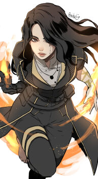 1girl asian barefoot belt black_coat black_eyes black_gloves black_hair black_pants black_vest butcha-u clair_obscur:_expedition_33 coat commentary english_commentary facial_mark fire gloves hair_over_one_eye highres jacket jewelry looking_at_viewer lune_(clair_obscur:_expedition_33) medium_hair open_clothes open_jacket pants parted_lips pendant shirt signature simple_background solo vest white_background white_shirt