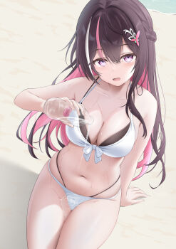 1girl arm_support azki_(hololive) bare_shoulders beach bikini blush bottle braid breasts brown_hair cleavage collarbone colored_inner_hair commentary_request day dutch_angle from_above front-tie_bikini_top front-tie_top hair_between_eyes hair_intakes hair_ornament halterneck hand_up highres holding holding_bottle hololive large_breasts layered_bikini long_hair multi-strapped_bikini_bottom multi-strapped_bikini_top multicolored_hair navel ocean on_ground open_mouth outdoors pink_eyes pink_streaks plastic_bottle pouring pouring_onto_self seriponpoyon sidelocks stomach streaked_hair string_bikini sunlight swimsuit thighs very_long_hair virtual_youtuber water_bottle wet white_bikini