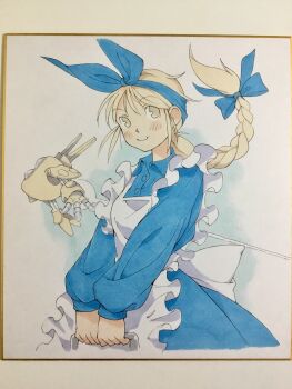 1girl apron back_bow blonde_hair blue_bow blue_dress blue_hairband bow bow_hairband braid brown_eyes closed_mouth collared_dress commentary_request dress flying frilled_apron frills hair_bow hairband highres holding long_sleeves looking_at_viewer mecha medium_hair original peter_salt robot single_braid smile solo standing traditional_media upper_body v_arms white_apron white_bow