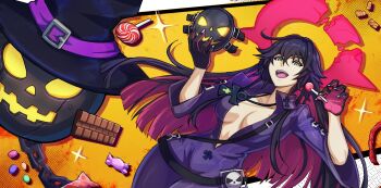 1girl alex_dos_diaz alternate_color alternate_hair_color breasts broken_halo candy cleavage cowboy_shot food glint green_eyes guilty_gear halloween halo highres holding holding_candy holding_food holding_lollipop holding_mask jack-o&#039;_valentine lollipop mask medium_breasts pantyhose purple_hair purple_pantyhose solo