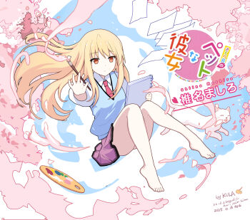 art_brush artist_name barefoot blonde_hair blue_sweater_vest cat character_name cherry_blossoms chinese_commentary closed_mouth collared_shirt commentary_request copyright_name dated feet floating full_body highres holding holding_brush holding_paper kkkula_(kula) long_hair looking_at_viewer miniskirt necktie orange_eyes paint_palette paintbrush paper pleated_skirt purple_skirt red_necktie sakura-sou_no_pet_na_kanojo school_uniform shiina_mashiro shirt short_sleeves skirt sweater_vest thighs toes white_shirt
