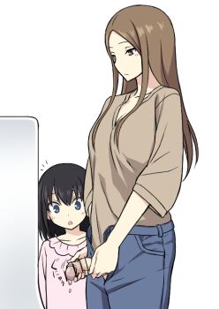 1futa 1girl age_difference artist_request black_hair blue_eyes breasts brown_eyes brown_hair censored cleavage denim dress exposure_to_minor foreskin futanari gown jeans loli multiple_girls pants peeing penis penis_awe sentakki shirt unbuttoned_pants urinal urinal_use