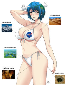Rule 34 | 1girl, armpits, bare shoulders, bikini, blue hair, blush, breasts, brown eyes, cleavage, cloud, collarbone, earth-chan, front-tie bikini top, front-tie top, green hair, groin, highres, large breasts, logo, looking at viewer, multicolored hair, nasa logo, navel, original, parted lips, short hair, side-tie bikini bottom, solo, swimsuit, thighs, white bikini, xter