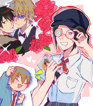 1girl 3boys adjusting_eyewear bartender black_hair blonde_hair blush bow bowtie brown_eyes brown_hair cheering closed_eyes collared_shirt commentary drooling durarara!! flower fujoshi glasses hair_bun hat heart heart-shaped_pupils heiwajima_shizuo imagining implied_yaoi jacket karisawa_erika manga_(object) multiple_boys necktie open_mouth orihara_izaya pornography red_eyes red_flower red_rose rose school_uniform shirt short_hair sparkle sunglasses symbol-shaped_pupils tuxedo upper_body yaoi_(object) yum00m yumasaki_walker