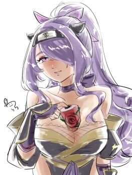 1girl breasts camilla_(fire_emblem) camilla_(ninja)_(fire_emblem) cleavage fire_emblem fire_emblem_fates fire_emblem_heroes hair_over_one_eye highres large_breasts long_hair looking_at_viewer nintendo official_alternate_costume ponytail purple_eyes purple_hair solo tsulala44_(oi_thanks)
