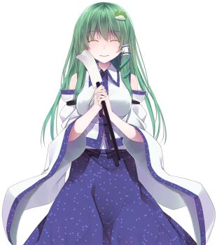 1girl bare_shoulders blue_eyes blue_skirt breasts closed_eyes closed_mouth collared_shirt commentary_request cowboy_shot crote detached_sleeves facing_viewer gohei green_hair hands_up highres holding holding_gohei kochiya_sanae large_breasts large_variant_set long_hair long_skirt long_sleeves nontraditional_miko shirt skirt sleeveless sleeveless_shirt smile solo tachi-e touhou transparent_background variant_set white_shirt white_sleeves wide_sleeves