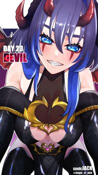 1girl blue_eyes blue_hair blush breasts cleavage demon demon_girl demon_horns demon_tail demon_wings facial_mark highres hololive hololive_english horns knight_of_jack long_hair looking_at_viewer multicolored_hair ouro_kronii red_horns solo tail twitter_username virtual_youtuber wings