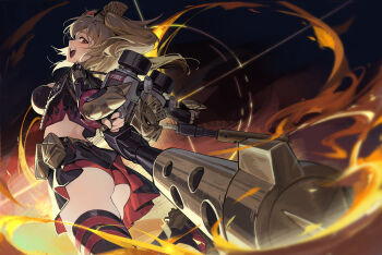 Rule 34 | 1girl, :d, absurdres, ass, black skirt, black thighhighs, blonde hair, breasts, burnice white, cropped jacket, fire, flamethrower, from side, highres, holding flamethrower, holding weapon, jacket, large breasts, long hair, miniskirt, mo ying yu, open clothes, open jacket, open mouth, red eyes, skirt, smile, solo, thighhighs, zenless zone zero
