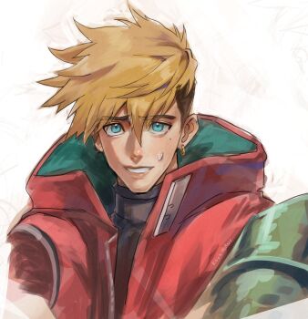 1boy blonde_hair blue_eyes coat earrings highres hood hooded_coat jewelry kookirani mole mole_under_eye prosthesis prosthetic_arm red_coat single_earring sweatdrop trigun trigun_stampede vash_the_stampede