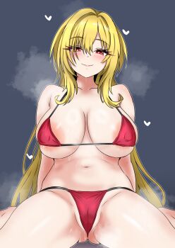 1girl areola_slip bare_legs barefoot bikini blonde_hair blush breasts breasts_apart cameltoe collarbone commentary_request covered_erect_nipples fang hair_intakes heart highres hiroshi_(01kanata) idolmaster idolmaster_cinderella_girls kurosaki_chitose large_breasts long_hair looking_at_viewer navel partially_visible_vulva red_bikini red_eyes simple_background sitting skin_fang smile solo steaming_body stomach straight_hair string_bikini sweat swimsuit very_long_hair wariza