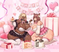2girls animal_ear_fluff animal_ears bandaid bandaid_on_face bandaid_on_nose belt birthday_cake birthday_party blonde_hair blue_eyes body_writing bow bowtie box breasts brown_hair cake chest_strap choker cleavage cowbell dark-skinned_female dark_skin detached_collar detached_sleeves dress drill_hair english_text feeding fishnet_shrug flower flower_on_head food fork fur-trimmed_jacket fur_trim gift gift_box gradient_hair heart heart-shaped_pillow heart_belt_buckle heterochromia highres holding holding_food holding_fork horns huge_breasts jacket lips medium_hair midriff multicolored_hair multiple_girls navel neck_bell open_clothes open_jacket original pillow pink_dress pink_hair plump shirt shrug_(clothing) single_thighhigh sitting skindentation skirt smile strapless sweat thick_thighs thigh_strap thighhighs thighs tube_top twin_drills wet_tea white_dress white_jacket white_shirt white_sleeves white_thighhighs yellow_eyes