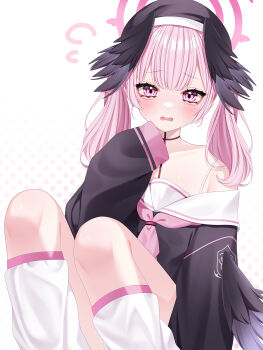 1girl absurdres ben-day_dots beret black_cardigan black_hat black_wings blue_archive cardigan commentary_request feathered_wings feet_out_of_frame furrowed_brow hand_up hat head_wings highres koharu_(blue_archive) legs_up long_sleeves looking_at_viewer loose_socks medium_hair multiple_wings neckerchief open_mouth pasties peanut_mouth pink_eyes pink_hair pink_neckerchief sailor_collar screentones single_off_shoulder sitting socks twintails wanko_(yurika0320) white_background white_sailor_collar white_socks wings