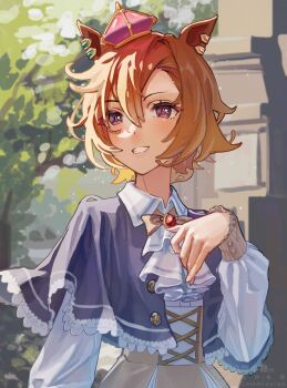 1girl animal_ears blue_capelet blush brown_corset capelet commentary_request commission corset crown ear_ornament gem hair_between_eyes highres horse_ears horse_girl karakouji_mink long_sleeves mini_crown open_mouth outdoors pink_crown purple_eyes red_gem shirt short_hair skirt smile solo t.m._opera_o_(umamusume) teeth tree umamusume white_shirt