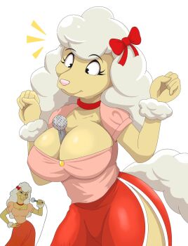 1girl 2024 animalympics between_breasts big_breasts bow bow_ribbon breasts brenda_springer choker cleavage dress female_focus fur furry furry_female hair_bow hair_ornament hair_ribbon highres microphone poodle red_bow red_choker ribbon simple_background solo tail white_background white_hair yellow_fur zebra10045