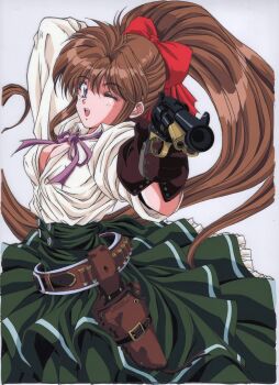 1990s_(style) 1girl aiming aiming_at_viewer arm_behind_head arm_up belt blue_eyes breasts brown_hair bullet cleavage gloves green_skirt gun gunblaze hair_ribbon handgun high_ponytail highres holding holding_gun holding_weapon holster jewel_flint long_hair long_skirt long_sleeves looking_at_viewer medium_breasts non-web_source official_art one_eye_closed open_mouth outstretched_arm ponytail retro_artstyle revolver ribbon sei_shoujo simple_background skirt solo very_long_hair weapon white_background