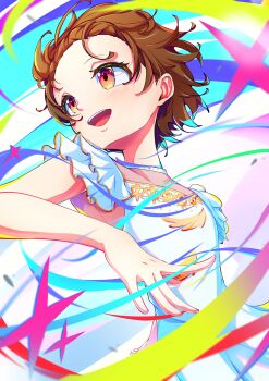 1girl absurdres bare_arms brown_eyes brown_hair colorful_background commentary_request dress figure_skating_dress flat_chest frilled_dress frills highres karan_koron100 looking_ahead medalist_(manga) open_mouth short_hair smile solo upper_body white_dress yuitsuka_inori