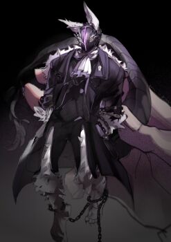 1boy absurdres animal_ears ascot barefoot black_background black_coat black_pants black_shirt body_fur bondrewd bound_ankles carrying carrying_person chain chained chained_wrists chinese_commentary coat commentary_request covered_face dated dragon_tail extra_pupils from_above full_body furry furry_male glowing gradient_background grey_background hands_in_pockets highres in_palm looking_at_viewer made_in_abyss male_focus mask mini_person miniboy moxom out_of_frame pants pink_eyes shirt signature size_difference solo_focus tail two-tone_background white_ascot white_fur wolf_ears