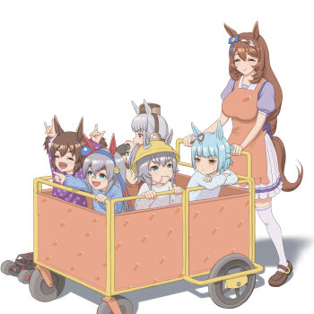 Rule 34 | 6+girls, aged down, animal ears, apron, arms up, back bow, binoculars, blue eyes, blue hairband, blue shirt, bob cut, bow, braid, brown hair, brown hat, brown shoes, carrot print, cart, closed eyes, closed mouth, commentary, crown braid, double fox shadow puppet, ear bow, ear covers, ear ribbon, ears through headwear, fang, folded ponytail, food print, fox shadow puppet, frown, fujimasa march (umamusume), gold ship (umamusume), green hair, grey hair, hairband, hat, headband, highres, holding, holding binoculars, inari one (umamusume), loafers, long hair, long sleeves, looking at another, mask, mask on head, miniskirt, mouth hold, multiple girls, oguri cap (umamusume), open mouth, orange apron, pillbox hat, pleated skirt, pointing, ponytail, purple bow, purple eyes, purple shirt, pushing cart, red eyes, red headband, riding, sailor collar, school hat, school uniform, shadow, shibakarisena, shirt, shoes, short hair, short ponytail, skirt, smile, standing, summer uniform, super creek (umamusume), sweatdrop, tamamo cross (umamusume), thighhighs, tracen school uniform, twintails, umamusume, umamusume: cinderella gray, white sailor collar, white shirt, white skirt, white thighhighs, yellow hat