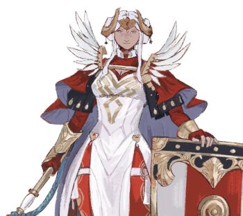 1girl armor axe breasts cape cleavage cleavage_cutout closed_mouth clothing_cutout dress edelgard_von_hresvelg edelgard_von_hresvelg_(adrestian_emperor) edelgard_von_hresvelg_(adrestian_emperor)_(resplendent) edelgard_von_hresvelg_(timeskip) fake_horns feather_trim feathers fingerless_gloves fire_emblem fire_emblem:_three_houses fire_emblem_heroes gloves hair_bun hair_ornament headpiece holding holding_axe holding_shield horned_headwear horns long_hair looking_at_viewer medium_breasts nintendo official_alternate_costume pantyhose purple_eyes red_cape red_gloves red_pantyhose shield simple_background smile snowkying solo weapon white_background white_dress white_hair