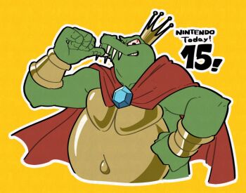 ! 1boy artist_request biceps bloodshot_eyes cape claws colored_skin crocodile_boy crocodilian crown donkey_kong_(series) donkey_kong_country english_text evil_grin evil_smile fangs fat furry furry_male green_skin grin hand_on_own_hip king_k._rool looking_at_viewer muscular nintendo pectorals pointing pointing_at_self red_cape runapiero sharp_teeth simple_background smile smug teeth yellow_background