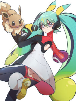 1girl 1other aqua_hair black_dress black_thighhighs closed_mouth commentary_request dress eevee gen_1_pokemon gradient_hair green_hair hair_between_eyes hatsune_miku headphones highres holding holding_microphone lammp4343 long_hair microphone multicolored_hair nintendo official_alternate_costume official_alternate_hairstyle pink_eyes pokemon pokemon_(creature) project_voltage red_dress simple_background smile thighhighs twintails very_long_hair vocaloid white_background