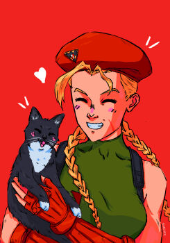 1girl beret blush braid breasts cammy_white cat chest_harness facial_scar gloves green_leotard happy harness hat highres leotard mashi_miyamoto red_gloves scar scar_on_cheek scar_on_face smile street_fighter street_fighter_6 tuxedo_cat