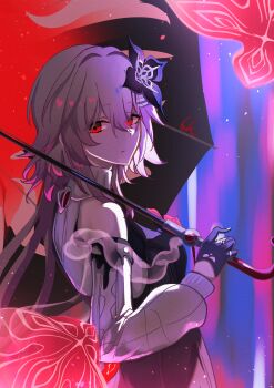 1girl absurdres bare_shoulders black_dress black_flower black_gloves closed_mouth commentary_request dress evernight_(honkai:_star_rail) flower from_side gloves hair_flower hair_ornament half_gloves highres holding holding_umbrella honkai:_star_rail honkai_(series) long_hair looking_at_viewer looking_to_the_side march_7th_(honkai:_star_rail) memeiradesuyo pink_hair red_eyes solo umbrella upper_body