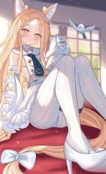 1girl ame_sagari animal_ear_fluff animal_ears ass backless_outfit bare_back bird blonde_hair blue_archive blue_necktie blurry blush bow breasts buttons cameltoe commentary cross_halo depth_of_field detached_sleeves dot_nose dress ear_wreath flower footwear_bow forehead fox_ears fox_girl fox_tail frilled_dress frills from_below hair_flower hair_ornament half-closed_eyes halo hand_up head_tilt high_heels highres indoors knees_up loli long_hair long_sleeves looking_at_viewer looking_down necktie orange_eyes panties panties_under_pantyhose pantyhose parted_bangs ribbon sailor_collar sailor_dress school_uniform seia_(blue_archive) shoes sideboob sideless_dress sidelocks sitting sleeves_past_fingers sleeves_past_wrists small_breasts smile solo split_mouth striped_pantyhose tail tail_bow tail_ornament tail_ribbon thigh_strap tit_(bird) underwear vertical-striped_clothes vertical-striped_pantyhose white_bow white_dress white_panties white_pantyhose white_sailor_collar white_shoes white_sleeves wide_sleeves window yellow_bow yellow_halo