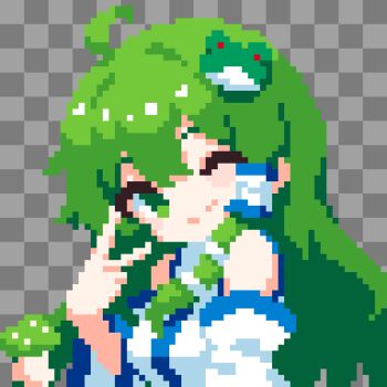 ;) breasts checkered_background commentary_request detached_sleeves frog_hair_ornament green_eyes green_hair hair_ornament hair_tubes highres kochiya_sanae large_breasts long_hair looking_at_viewer nontraditional_miko one_eye_closed pixel_art single_hair_tube smile snake_hair_ornament takeez3 touhou upper_body v
