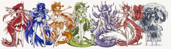6+girls absurdly_long_tail dress full_body highres long_hair looking_at_viewer monster_girl multiple_girls original ruteko_(ruko220) short_dress simple_background standing tail tentacle_hair thick_tail thighhighs very_long_hair very_long_tail yellow_background