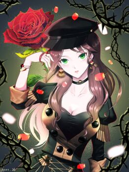 1girl breasts brown_hair choker cleavage collarbone dorothea_arnault earrings fire_emblem fire_emblem:_three_houses garreg_mach_monastery_uniform green_eyes hat highres jewelry large_breasts long_hair looking_at_viewer nintendo solo