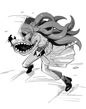 1boy attsei commentary_request cracked_skin extra_mouth greyscale highres hollow_body hoshirube_sho jacket long_hair looking_at_viewer male_focus monochrome nijisanji pants parted_lips serious sliding solo teeth tentacle_hair virtual_youtuber