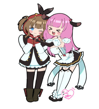 >_< 2girls :d azur_lane black_garter_straps black_gloves black_thighhighs blue_eyes brown_hair closed_mouth commentary_request elbow_gloves garter_straps gloves hands_up highres maid mary_janes multiple_girls norfolk_(azur_lane) one_eye_closed open_mouth pink_hair shiranuinuiko shoes signature simple_background smile suffolk_(azur_lane) thighhighs white_background white_thighhighs