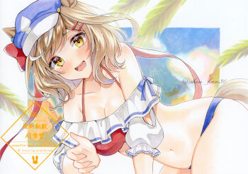 1girl :d absurdres animal_ears bent_over bikini blue_hat blush border breasts brown_hair character_request collarbone commentary_request cowboy_shot day hair_ornament hairclip hat highres horse_ears horse_girl horse_tail large_breasts looking_at_viewer marker_(medium) medium_hair mismatched_bikini multicolored_bikini navel open_mouth outdoors parallel_hairclips parted_bangs shin_kun30 signature smile solo stomach swimsuit tail traditional_media umamusume watermark white_border yellow_eyes