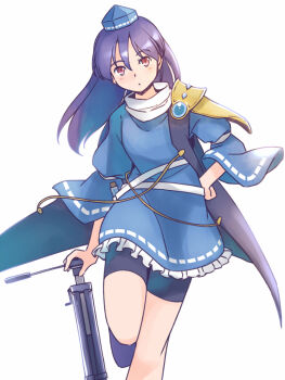 1girl black_cape black_hair black_shorts blue_dress blue_gem blue_hat cape commentary dress frilled_dress frills gem hat iizunamaru_megumu leaning_on_object light_blush long_hair long_sleeves looking_up parted_lips rangycrow red_eyes shorts shoulder_guard solo test_tube_holster tokin_hat touhou tripod